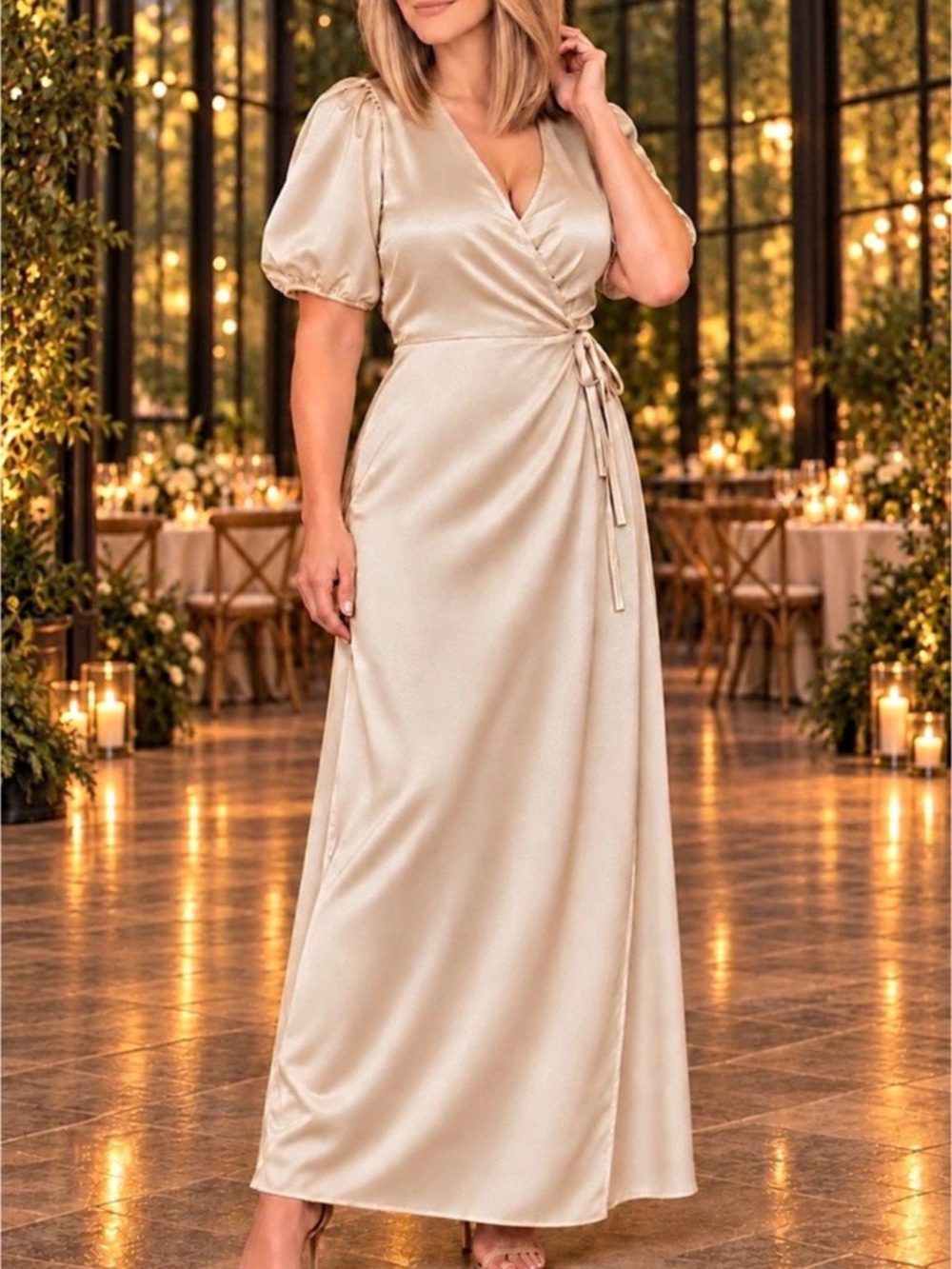 NWT Express Champagne Cream Full Wrap w/ ties. Brushed Satin Puff Sleeve Maxi L